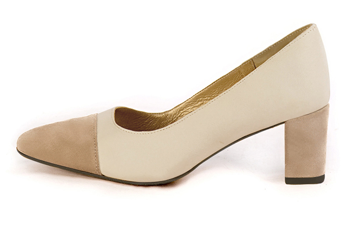 Tan beige and champagne white women's dress pumps,with a square neckline. Round toe. Medium block heels. Profile view - Florence KOOIJMAN